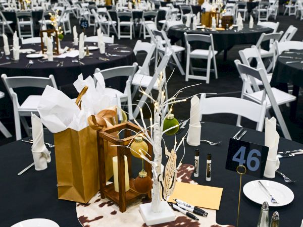 A banquet hall setup with white chairs, round tables, a cowhide runner, and a classy centerpiece featuring a lantern, candles, and decorative branches, numbered table 46.