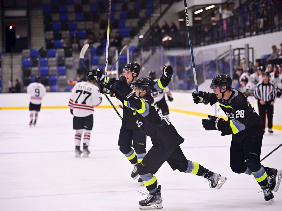 hockey players in dark jerseys celebrate on an ice rink, others in background, referee visible, arena stands behind them, 140 chars total ending with a period.