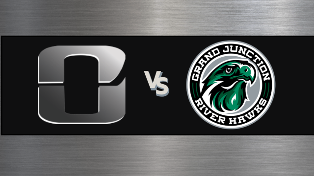 Quaterback? No&mdash;it's a logo matchup: Oakland? vs Grand Junction River Hawks, with a bold &ldquo;VS&rdquo; between a large metallic &ldquo;O&rdquo; logo and a circular Hawks crest.