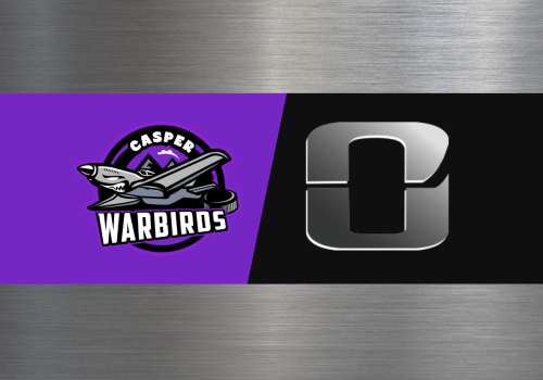 Casper Warbirds logo on a purple panel, facing a bold &ldquo;C&rdquo; emblem on black&mdash;two competing team graphics.