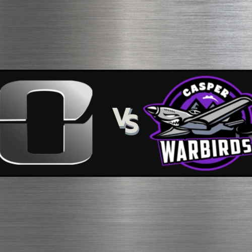 Two esports team logos facing off: OG-like gray square icon vs. purple-and-black &ldquo;Casper Warbirds&rdquo; emblem, set on a metallic panel.