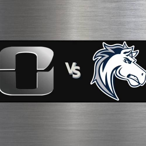A vs B logo clash banner with a metallic background, showing two team logos facing off: a stylized &ldquo;O&rdquo; shape and a horse head, separated by &ldquo;vs.&rdquo;.
