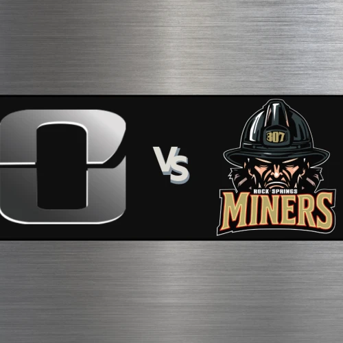 A logo vs a Miners team logo in a high-contrast black band, with metallic brushed background.