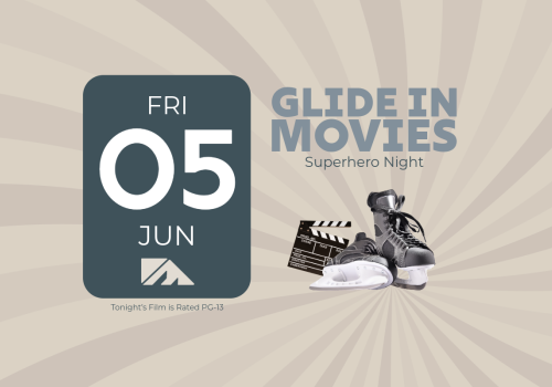A retro poster shows a &ldquo;Fri 05 Jun&rdquo; calendar card on the left and &ldquo;Glide in Movies&rdquo; with sneakers and a clapperboard on the right, promoting a superhero night.