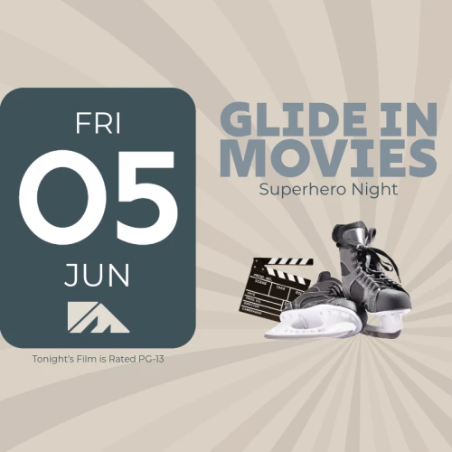 A retro poster shows a “Fri 05 Jun” calendar card on the left and “Glide in Movies” with sneakers and a clapperboard on the right, promoting a superhero night.