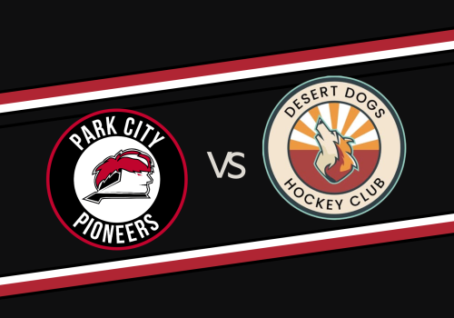 A Pioneers vs. Desert Dogs Hockey Club match graphic with logo badges and a bold black background.
