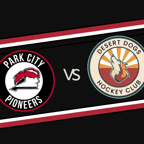 A Pioneers vs. Desert Dogs Hockey Club match graphic with logo badges and a bold black background.