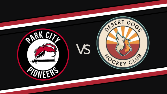 A Pioneers vs. Desert Dogs Hockey Club match graphic with logo badges and a bold black background.