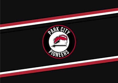 A black background with diagonal red and white stripes and a circular Park City Pioneers emblem in the center.