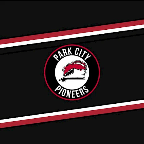 A black background with diagonal red and white stripes and a circular Park City Pioneers emblem in the center.