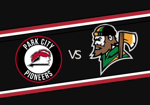 A playoff-style graphic shows Park City Pioneers vs. a team with a bearded green-helmeted hockey player, bold "VS" in the center, black/red-white accents.