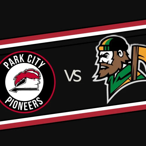 A playoff-style graphic shows Park City Pioneers vs. a team with a bearded green-helmeted hockey player, bold "VS" in the center, black/red-white accents.