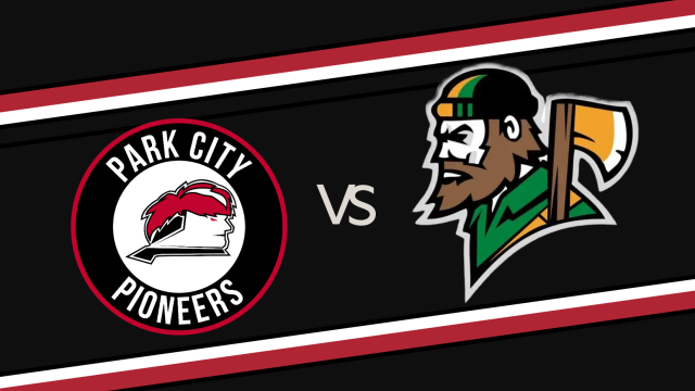 A playoff-style graphic shows Park City Pioneers vs. a team with a bearded green-helmeted hockey player, bold "VS" in the center, black/red-white accents.