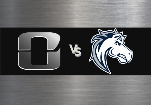 A vs B logo clash banner with a metallic background, showing two team logos facing off: a stylized &ldquo;O&rdquo; shape and a horse head, separated by &ldquo;vs.&rdquo;.