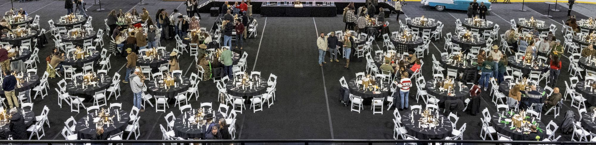 A large indoor event with many round tables and white chairs, people dining and chatting across a spacious venue.