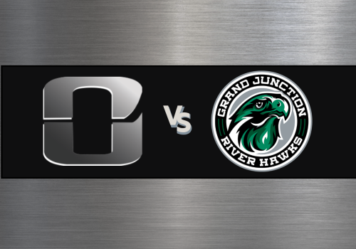 A vs b fight graphic with large &ldquo;O&rdquo; emblem on the left and Grand Junction River Hawks logo on the right, on a dark banner with a brushed metal backdrop.
