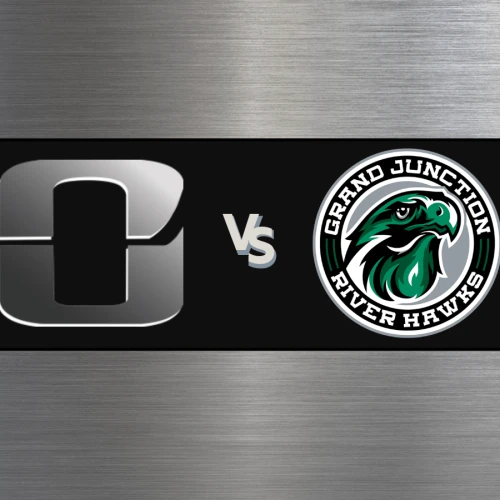 A vs b fight graphic with large “O” emblem on the left and Grand Junction River Hawks logo on the right, on a dark banner with a brushed metal backdrop.