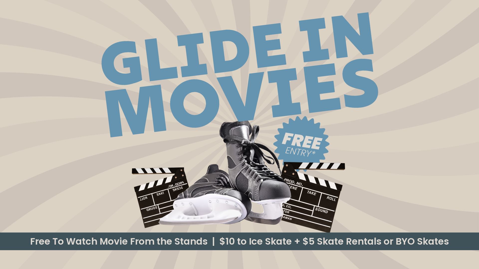 Glide in Movies poster: roller blades, clapperboards, retro sunburst backdrop, &ldquo;Free Entry&rdquo; badge, and a banner about free-to-watch movie from the stands.