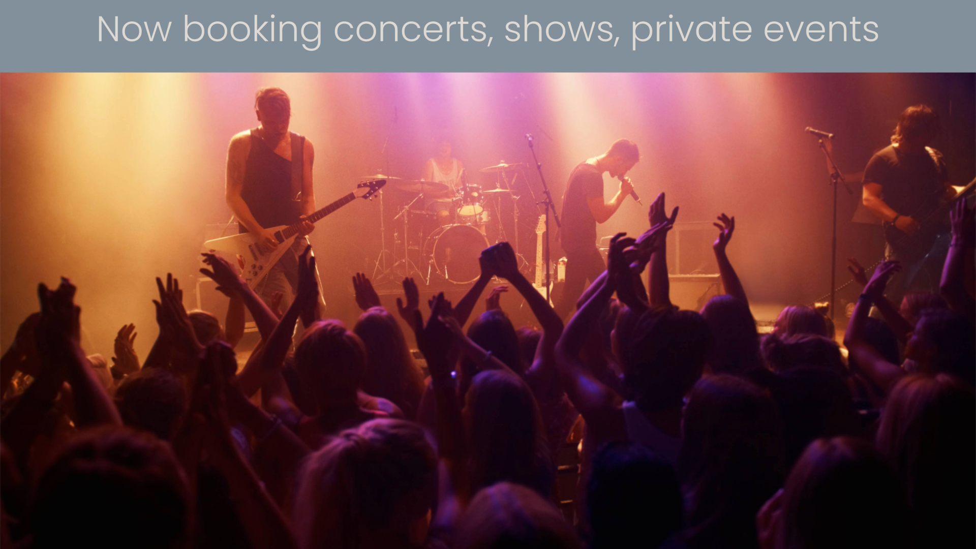 Concert scene with a live band on stage, colorful lights, and a cheering crowd at a show. End.