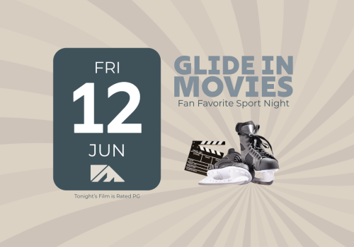 A poster shows &ldquo;GLIDE IN MOVIES&rdquo; with sneakers and a clapperboard, a Friday 12 JUN date tile, sunburst beige background, and small text &ldquo;Tonight&rsquo;s Film is Rated PG.&rdquo;