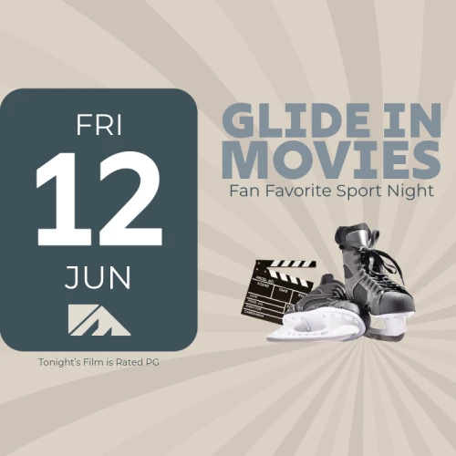 A poster shows “GLIDE IN MOVIES” with sneakers and a clapperboard, a Friday 12 JUN date tile, sunburst beige background, and small text “Tonight’s Film is Rated PG.”