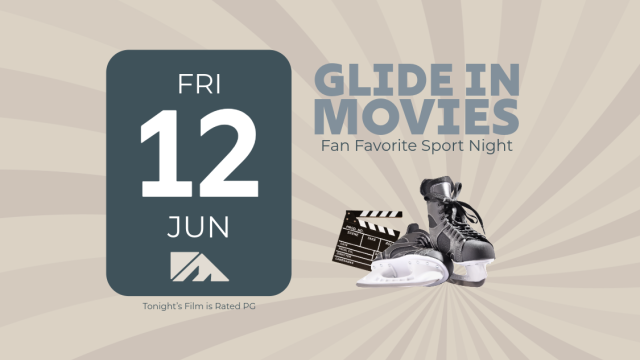 A poster shows &ldquo;GLIDE IN MOVIES&rdquo; with sneakers and a clapperboard, a Friday 12 JUN date tile, sunburst beige background, and small text &ldquo;Tonight&rsquo;s Film is Rated PG.&rdquo;
