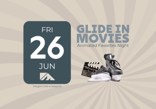 A poster shows &ldquo;Glide in Movies&rdquo; with animated night vibes, featuring a date card (Fri 26 Jun) and movie clapperboard with sneakers, sunburst background.
