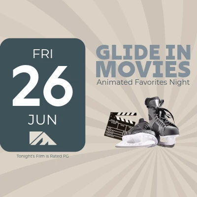 A poster shows &ldquo;Glide in Movies&rdquo; with animated night vibes, featuring a date card (Fri 26 Jun) and movie clapperboard with sneakers, sunburst background.