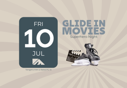 A poster showing a &ldquo;Friday 10 Jul&rdquo; date badge, text &ldquo;Glide in Moves Superhero Night,&rdquo; with sneakers and a clapperboard, on a sunburst beige background.