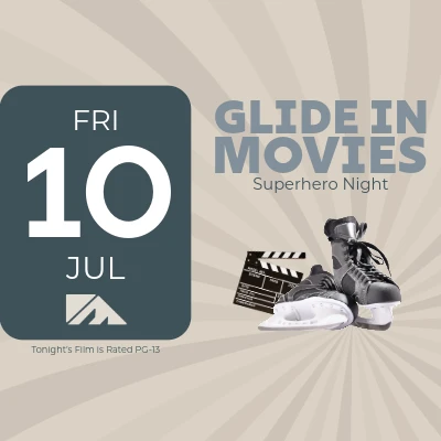 A poster showing a &ldquo;Friday 10 Jul&rdquo; date badge, text &ldquo;Glide in Moves Superhero Night,&rdquo; with sneakers and a clapperboard, on a sunburst beige background.