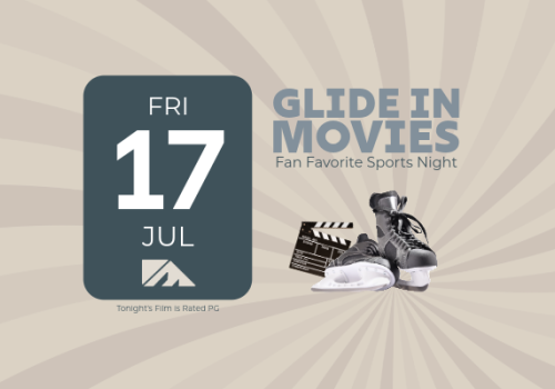 A poster for &ldquo;Glide in Movies&rdquo; with a date card showing Fri 17 Jul, movie clapperboard, sneakers, and surface text about tonight&rsquo;s film.