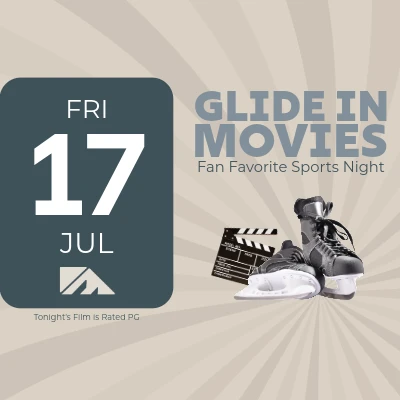 A poster for &ldquo;Glide in Movies&rdquo; with a date card showing Fri 17 Jul, movie clapperboard, sneakers, and surface text about tonight&rsquo;s film.