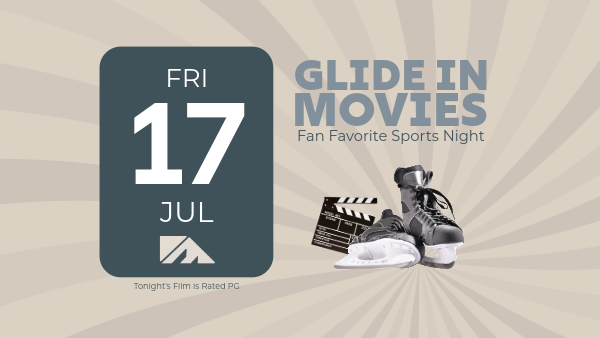 A poster for &ldquo;Glide in Movies&rdquo; with a date card showing Fri 17 Jul, movie clapperboard, sneakers, and surface text about tonight&rsquo;s film.