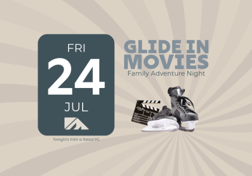 A poster for &ldquo;Glide in Movies: Family Adventure Night&rdquo; featuring a date card (Fri 24 Jul), sneakers, and a film clapboard.