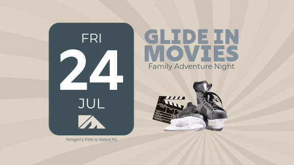A poster for &ldquo;Glide in Movies: Family Adventure Night&rdquo; featuring a date card (Fri 24 Jul), sneakers, and a film clapboard.