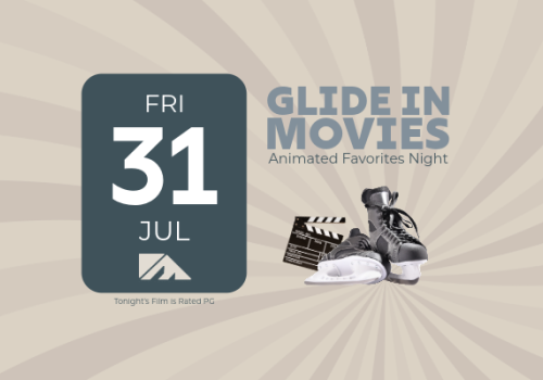 A poster for &ldquo;Glide in Movies&rdquo; featuring a calendar card showing Fri 31 Jul, film clapperboard with sneakers, and sunburst background.