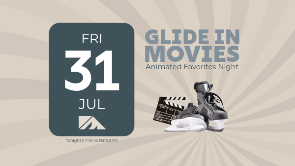 A poster for &ldquo;Glide in Movies&rdquo; featuring a calendar card showing Fri 31 Jul, film clapperboard with sneakers, and sunburst background.