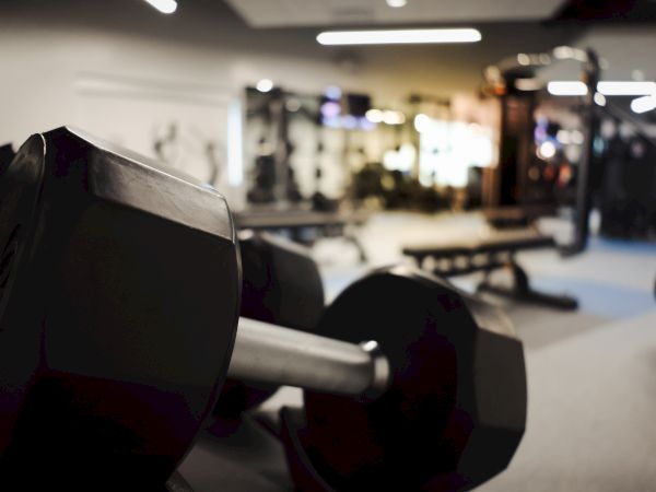 A close-up of heavy dumbbells in a gym with workout benches and equipment blurred in the background.
