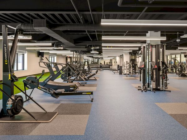 A modern gym with rowing and cardio machines, a cable weight station, and bright ceiling lights.