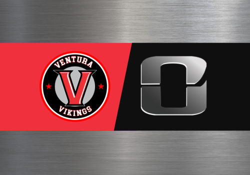 Ventura Vikings logo face-off against a black-and-silver emblem on a split-screen banner.