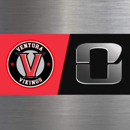 Ventura Vikings logo face-off against a black-and-silver emblem on a split-screen banner.