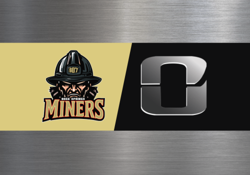 A split graphic showing the &ldquo;Rock Springs Miners&rdquo; helmet mascot logo on the left and a dark stylized emblem on the right.