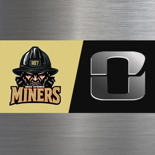 A split graphic showing the “Rock Springs Miners” helmet mascot logo on the left and a dark stylized emblem on the right.
