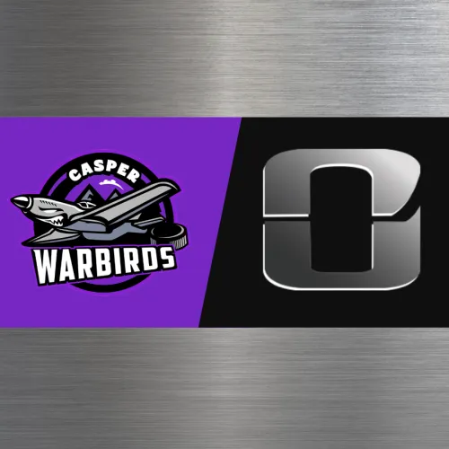 Casper Warbirds logo on a purple panel, facing a bold &ldquo;C&rdquo; emblem on black&mdash;two competing team graphics.