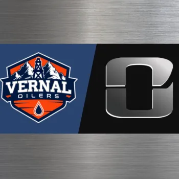 The image shows the Vernal Outdoors logo on the left and a stylized black-and-white game-like icon on the right.