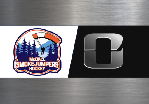 An image showing two logos: the McCall Smokejumpers Hockey emblem on the left and a black-and-white hockey logo on the right.