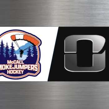 An image showing two logos: the McCall Smokejumpers Hockey emblem on the left and a black-and-white hockey logo on the right.