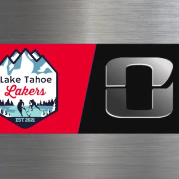 A split banner shows the Lake Tahoe Lakers logo on the left and a black-and-white stylized “L” emblem on the right.