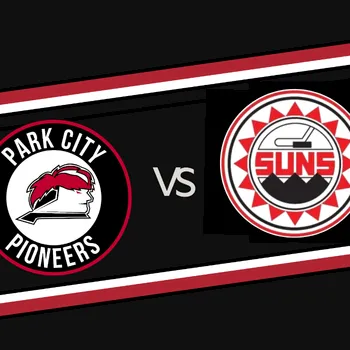 A matchup graphic showing Park City Pioneers vs the Suns, with both team logos facing off in a red-and-black banner.