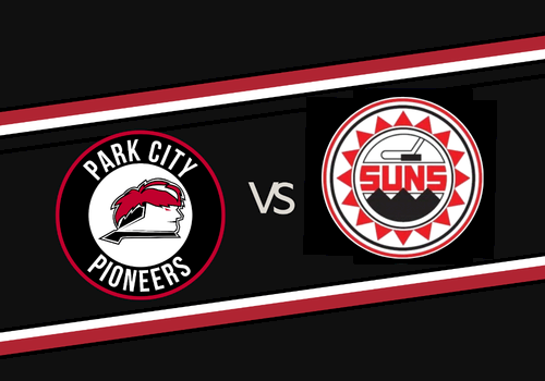 A matchup graphic showing Park City Pioneers vs the Suns, with both team logos facing off in a red-and-black banner.
